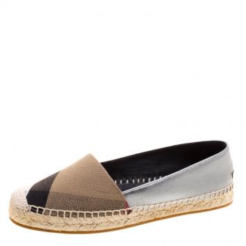 Pre Owned Burberry Brown Checkered Canvas and Metallic Leather Hodgeson Espadrilles Size 36.5