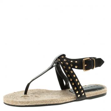 Pre Owned Burberry Black Studded Cross Ankle Strap Suede Inderwick Thong Espadrille Flats Size 36
