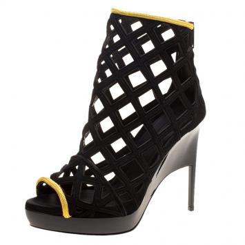 Pre Owned Burberry Prorsum Black Suede and Gold Edenside Cage Wedge Ankle Boots Size 37.5