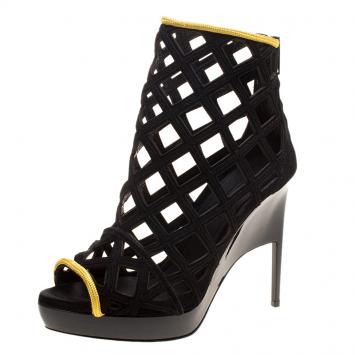 Pre Owned Burberry Prorsum Black Suede and Gold Edenside Cage Wedge Ankle Boots Size 38.5