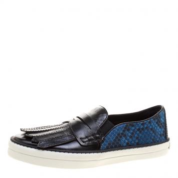 Pre Owned Burberry Black Fringe Leather and Printed Canvas Gauden Slip On Sneakers Size 36