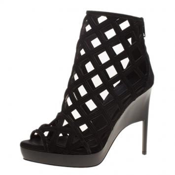 Pre Owned Burberry Prorsum Black Suede Edenside Cage Wedge Ankle Boots Size 38