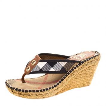 Pre Owned Burberry Beige Nova Check Canvas Espadrille Wedge Thong Sandals Size 38