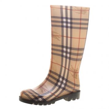 Pre Owned Burberry Beige House Check Rubber Rain Boots Size 35