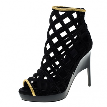 Pre Owned Burberry Prorsum Black Suede and Gold Edenside Cage Wedge Ankle Boots Size 37.5