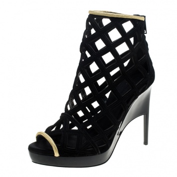 Pre Owned Burberry Prorsum Black Suede and Gold Edenside Cage Wedge Ankle Boots Size 40