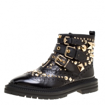 Pre Owned Burberry Black Studded Leather Everdon Ankle Boots Size 40