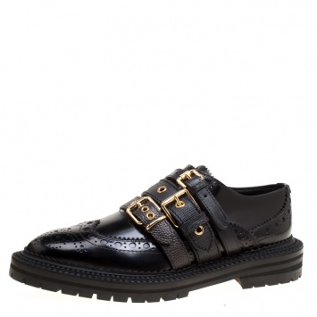 Pre Owned Burberry Black Leather Doherty Multi Strap Platform Brogues Size 39.5