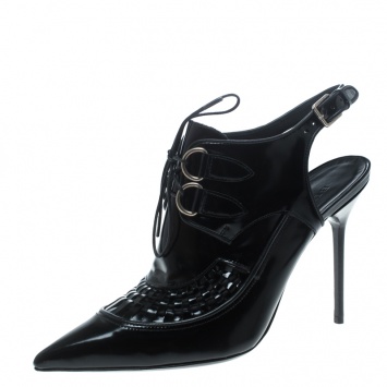 مملوكة مسبقًا Burberry Black Leather Buckton Pointed Toe Slingback Sandals Size 38