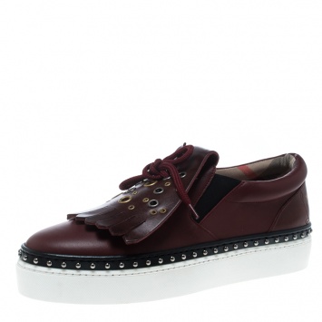 Pre Owned Burberry Burgundy Leather Kiltie Fringe Slip On Sneakers Size 37.5