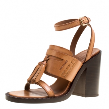 Pre Owned Burberry Cognac Brown Leather Bethany Tassel Detail Block Heel Sandals Size 40