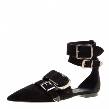 Pre Owned Burberry Black Suede Monroe Ankle Cuff Pointed Toe Flats Size 39