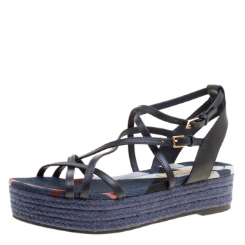 Pre Owned Burberry Navy Blue Leather Melrose Cross Strap Espadrille Platform Flats Size 38