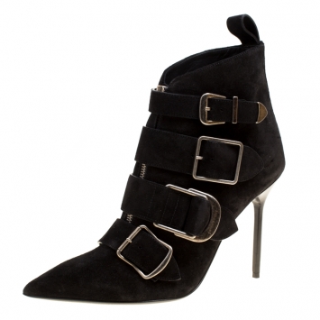 Pre Owned Burberry Black Suede Milner Buckle Detail Pointed Toe Ankle Boots Size 39