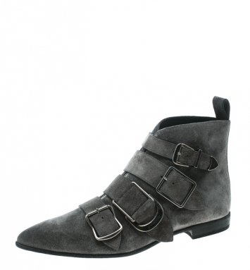 Pre Owned Burberry Grey Suede Milner Buckle Detail Pointed Toe Ankle Boots Size 39