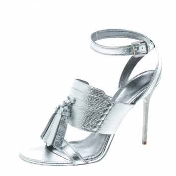 Pre Owned Burberry Metallic Silver Leather Clarence Penny Keeper Tassel Strap Sandals Size 39