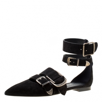 Pre Owned Burberry Black Suede Monroe Ankle Cuff Pointed Toe Flats Size 38.5