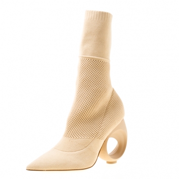 Pre Owned Burberry Beige Cotton Blend Knit With Sculpted Heel Mid-Calf Pointed Toe Boots Size 38