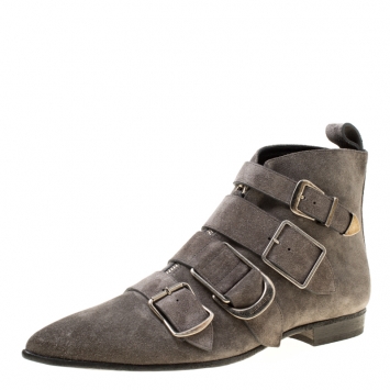 Pre Owned Burberry Grey Suede Milner Buckle Detail Pointed Toe Ankle Boots Size 40