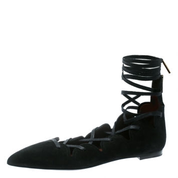 Pre Owned Burberry Black Scalloped Suede Lace Up Pointed Toe Ballet Flats Size 38
