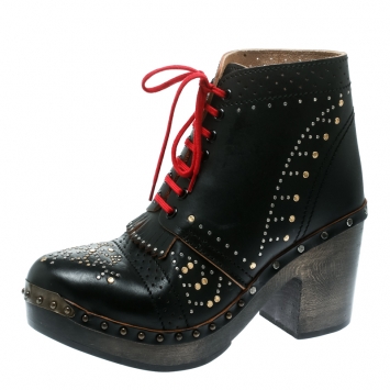 Pre Owned Burberry Black Studded Leather Antrim Fringe Detail Block Heel Clog Ankle Boots Size 40