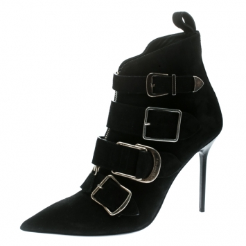 Pre Owned Burberry Black Suede Milner Buckle Detail Pointed Toe Ankle Boots Size 38