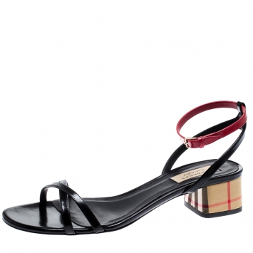 Pre Owned Burberry Black/Red Leather Anthea Cross Strap Open Toe Sandals Size 38.5