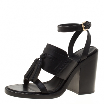 Pre Owned Burberry Black Leather Bethany Tassel Detail Block Heel Sandals Size 38