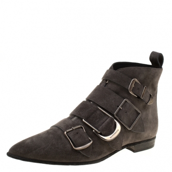 Pre Owned Burberry Grey Suede Milner Buckle Detail Pointed Toe Ankle Boots Size 40
