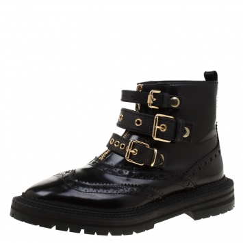 Pre Owned Burberry Black Brogue Leather Everdon Ankle Boots Size 39.5