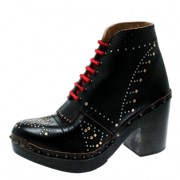 Pre Owned Burberry Black Studded Leather Antrim Fringe Detail Block Heel Clog Ankle Boots Size 41