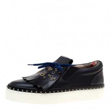 Pre Owned Burberry Navy Blue Leather Kiltie Fringe Slip On Sneakers Size 37