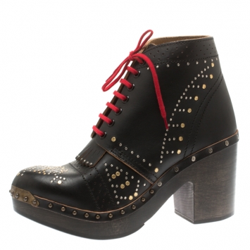 Pre Owned Burberry Black Studded Leather Antrim Fringe Detail Block Heel Clog Ankle Boots Size 41