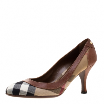 Pre Owned Burberry Brown Leather And Nova Check Canvas Pumps Size 40