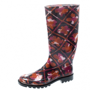 Pre Owned Burberry Multicolor Floral Geometric Rubber Carleton Rain Boots Size 38