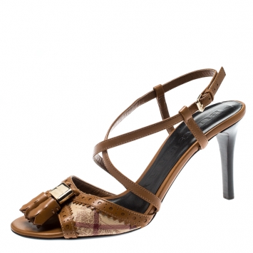 Pre Owned Burberry Beige/Brown Haymarket Check Canvas And Leather Tassel Detail Cross Strap Sandals Size 36