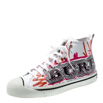 Pre Owned Burberry White Canvas Kingly Mark Print High Top Sneakers Size 40