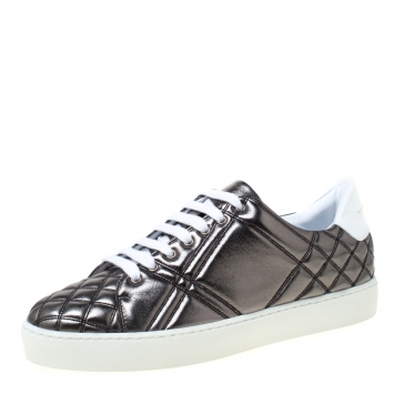 Pre Owned Burberry Metallic Gunmetal Quilted Leather Westford Low Top Sneakers Size 39