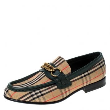 Pre Owned Burberry Green Leather And Beige Check Canvas Moorley Loafers Size 36.5