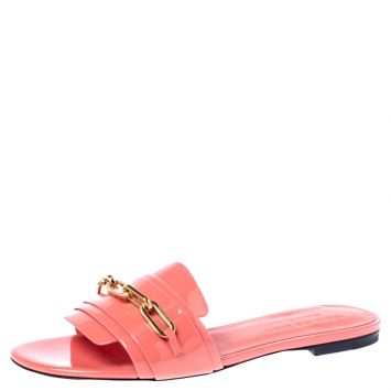 Pre Owned Burberry Coral Orange Patent Leather Coleford Flat Slides Size 37.5