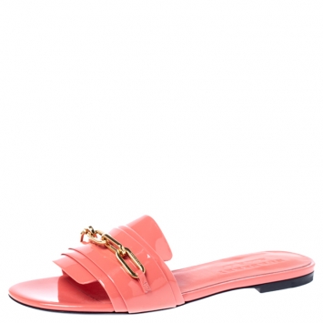 Pre Owned Burberry Coral Orange Patent Leather Coleford Flat Slides Size 37