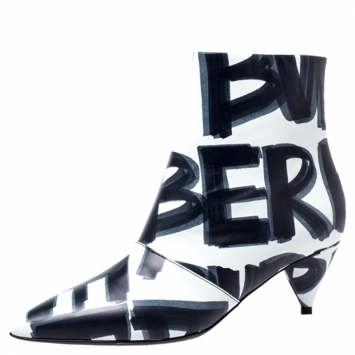 Pre Owned Burberry White/Black Leather Wilsbeck Ankle Boots Size 36.5