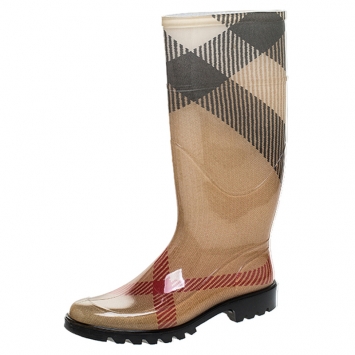 Pre Owned Burberry Beige Check Rubber Rainboots Mid Calf Boots Size 37