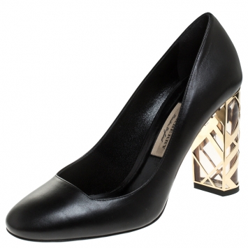Pre Owned Burberry Black Leather Caged Block Heel Pumps Size 38.5