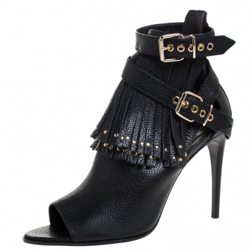 Pre Owned Burberry Black Leather Overfield Fringe Open Toe Ankle Boots Size 39