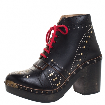 Pre Owned Burberry Black Leather Antrim Studded Fringe Detail Clog Ankle Boots Size 40