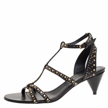 Pre Owned Burberry Black Studded Leather Hansel T Strap Cone Heel Sandals Size 39