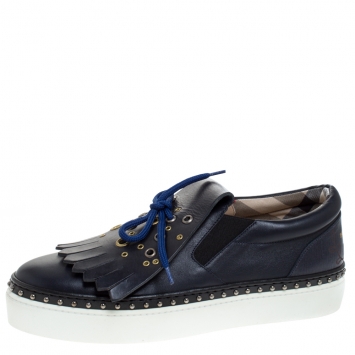 Pre Owned Burberry Navy Blue Leather Kiltie Fringe Slip On Sneakers Size  39.5