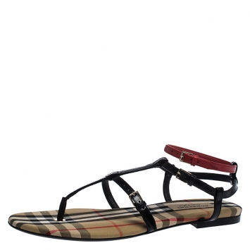 Pre Owned Burberry Black/Beige Nova Check Canvas and Leather Anthea Flats Sandals Size 38.5
