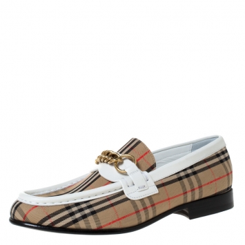 Pre Owned Burberry Beige/White Nova Check Canvas and Leather Moorley Chain Loafers Size 37
